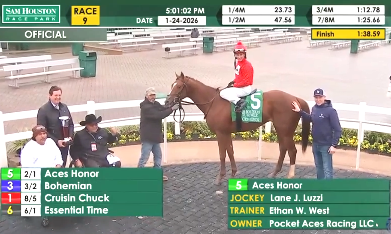 Aces Honor official winner's circle — Sam Houston Race Park, Race 9, January 24, 2026. Jockey: Lane J. Luzzi. Trainer: Ethan W. West. Owner: Pocket Aces Racing LLC. Finish: 1:38.59.